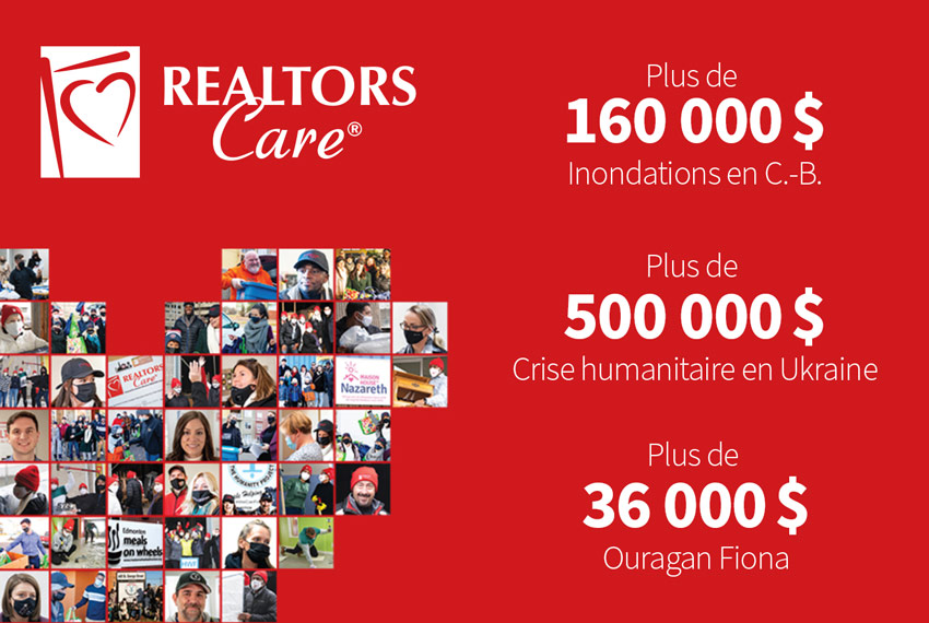 Tout au long de l’année, notre communauté de courtiers et agents immobiliers a amassé des fonds dans le cadre des campagnes de financement REALTORS Care® pour soutenir les causes de la Croix-Rouge canadienne, notamment pour les inondations en Colombie-Britannique, la crise humanitaire en Ukraine et l’Ouragan Fiona. 